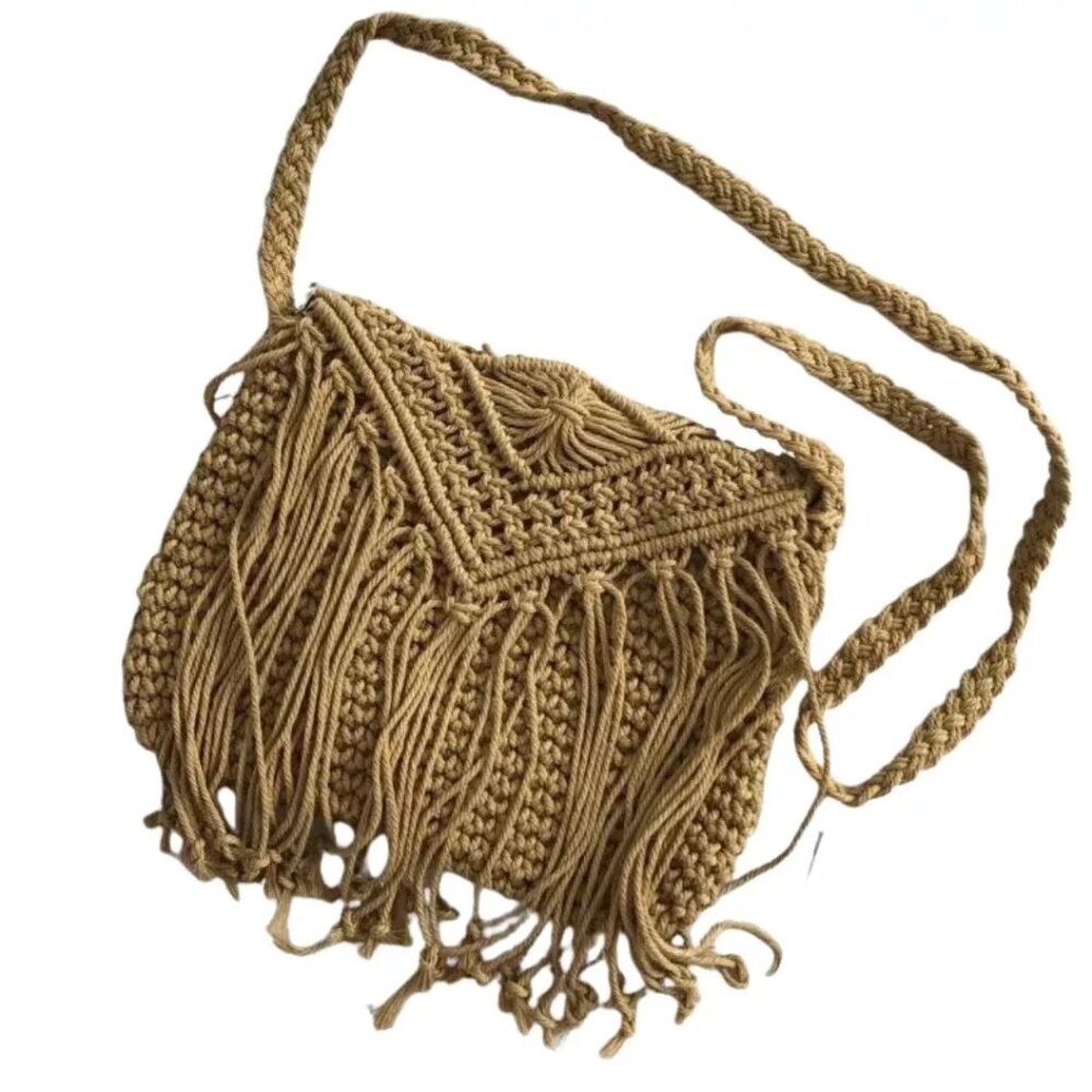 Boho Woven Tassel Crossbody Cute Summer Chic Bag Handbag Purse, Khaki Beige